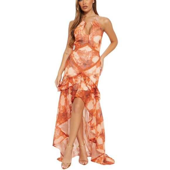 Fashion Nova Daisy High Low Maxi Dress - Orange/combo | size M | NWT - Picture 1 of 12